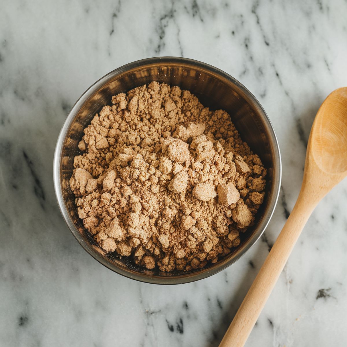 A small bowl with flour, sugar, butter, and cinnamon being mixed into a crumbly topping.