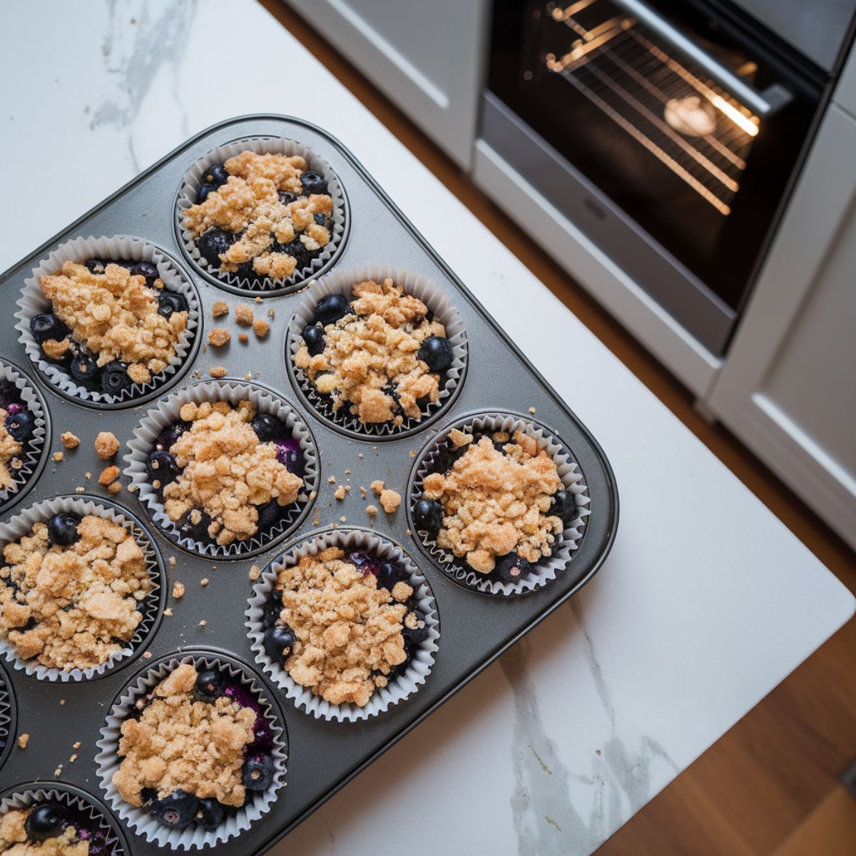 Muffin batter-filled tin being placed in an oven, with baked muffins rising inside.Muffin batter-filled tin being placed in an oven, with baked muffins rising inside.