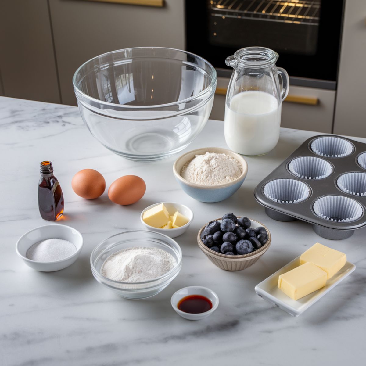 Baking ingredients arranged on a marble countertop with an oven being preheated and a muffin tin lined with paper cups.