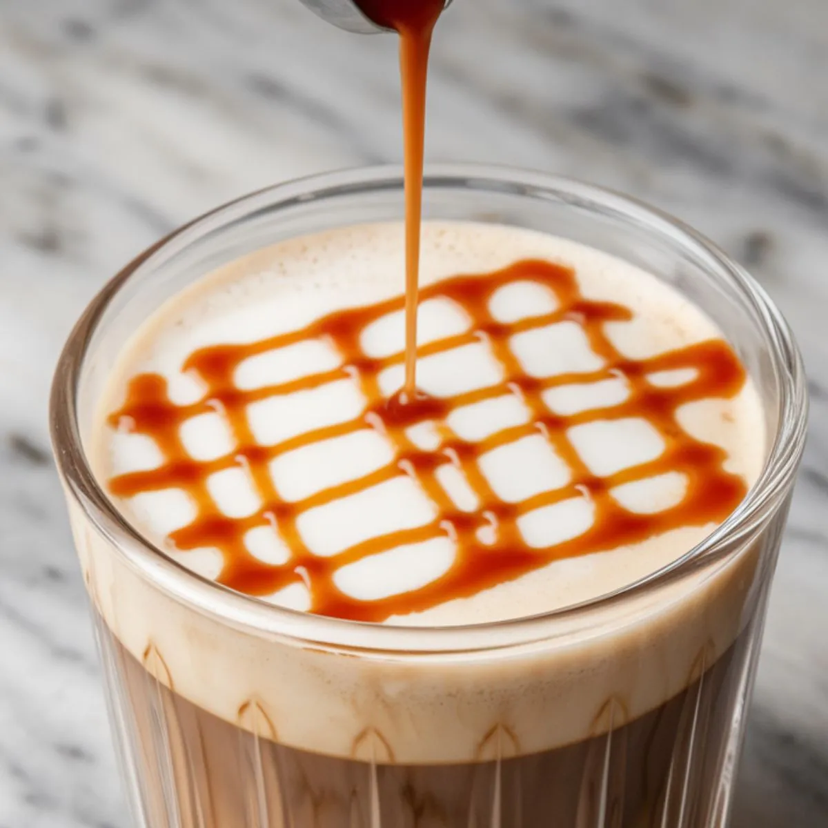 A hot caramel macchiato with a crosshatch pattern of caramel sauce drizzled on top.