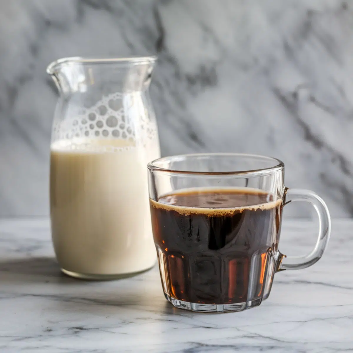 A glass cup with a syrupy mixture of hot water, sugar, and vanilla extract beside a cup of frothy steamed milk.