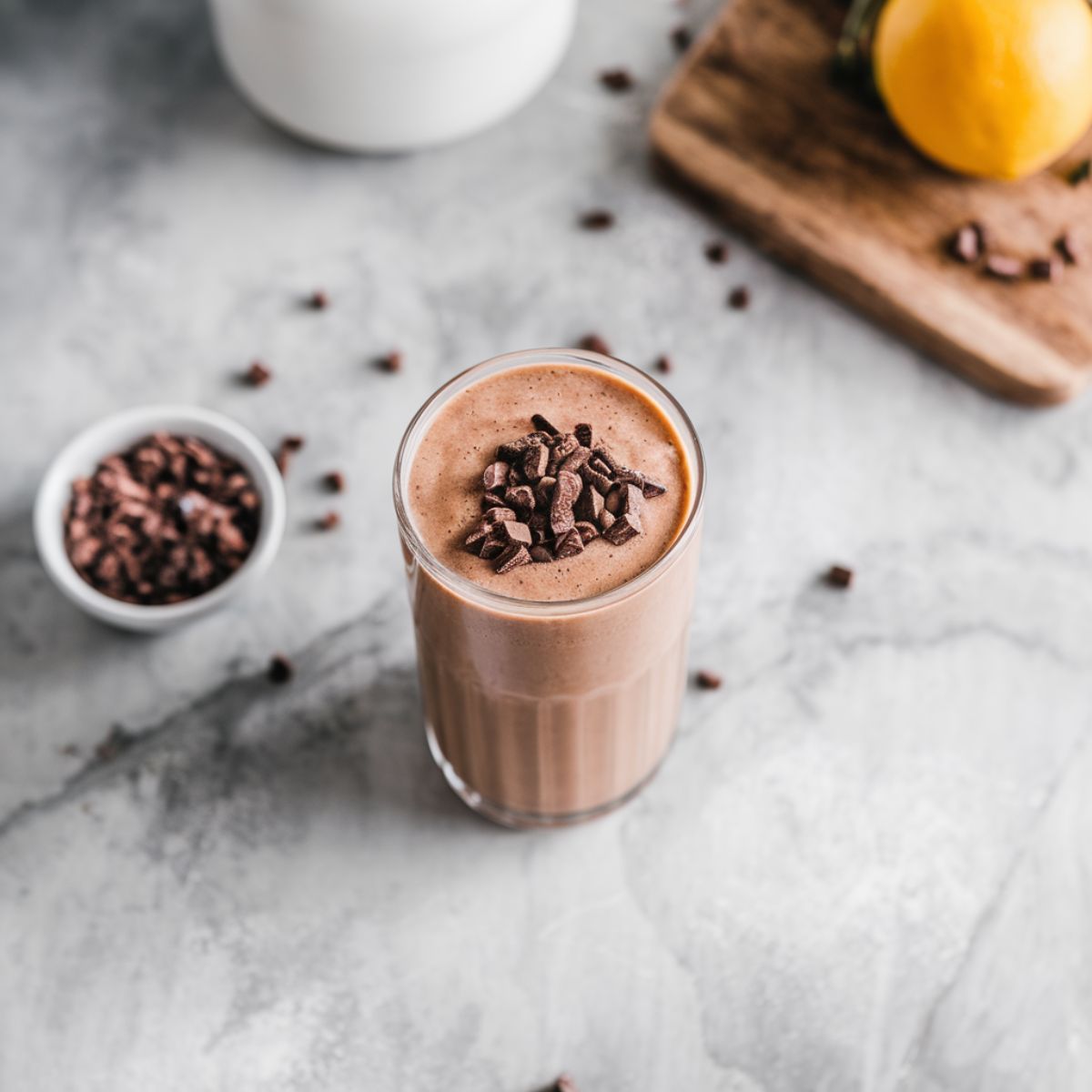 Top-down view of a tall glass of chocolate protein shake on a marble countertop with a kitchen background.