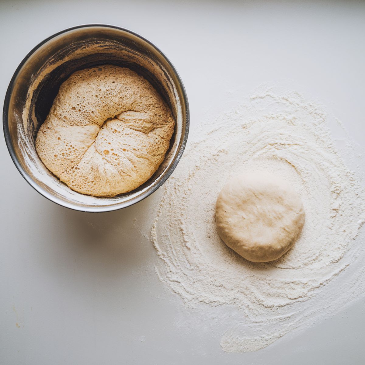 Top-down view of a bowl with shaggy dough on a clean countertop and a lightly floured surface showing a smooth, elastic dough ball.