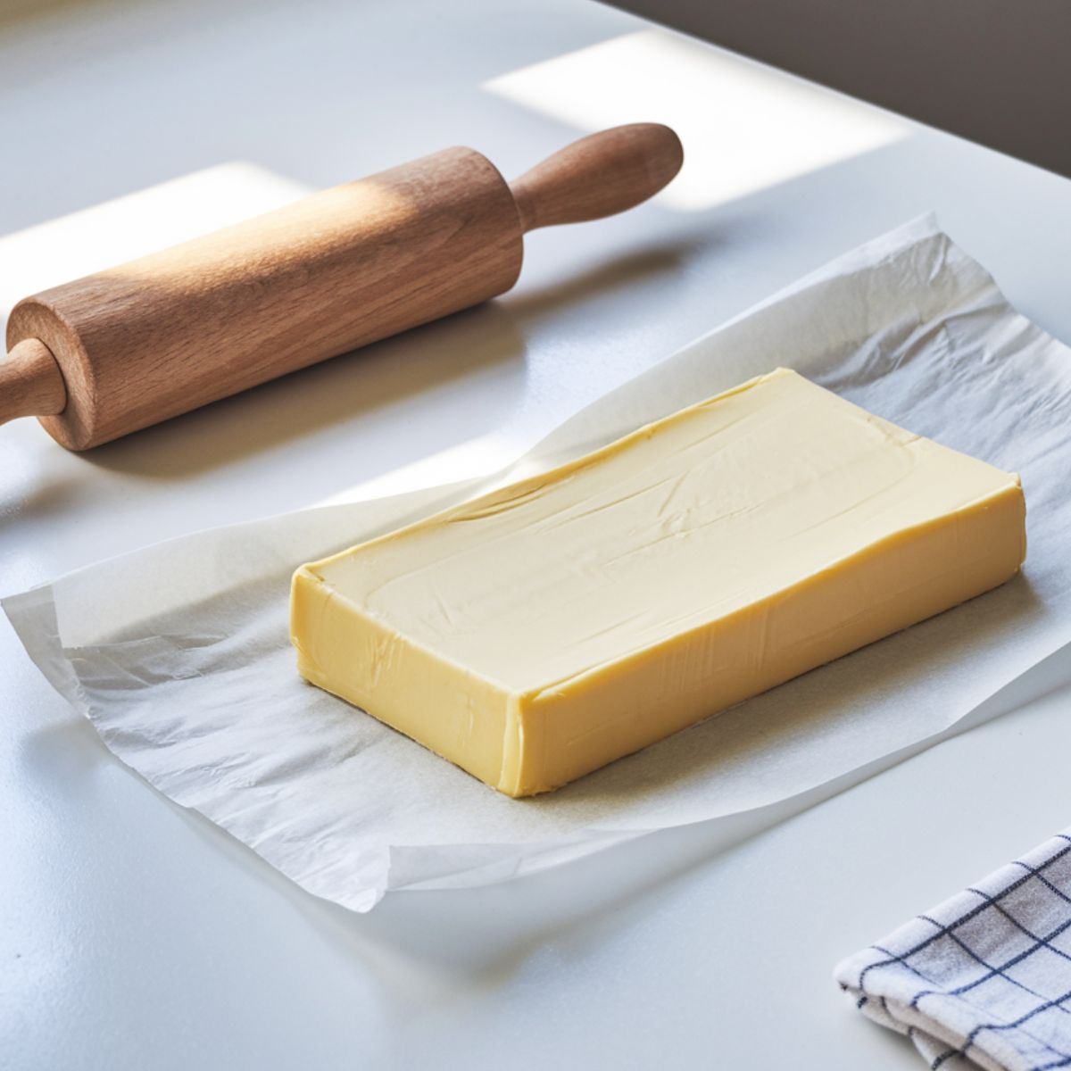 Rectangular sheet of flattened butter wrapped in parchment on a white kitchen counter with a wooden rolling pin nearby.