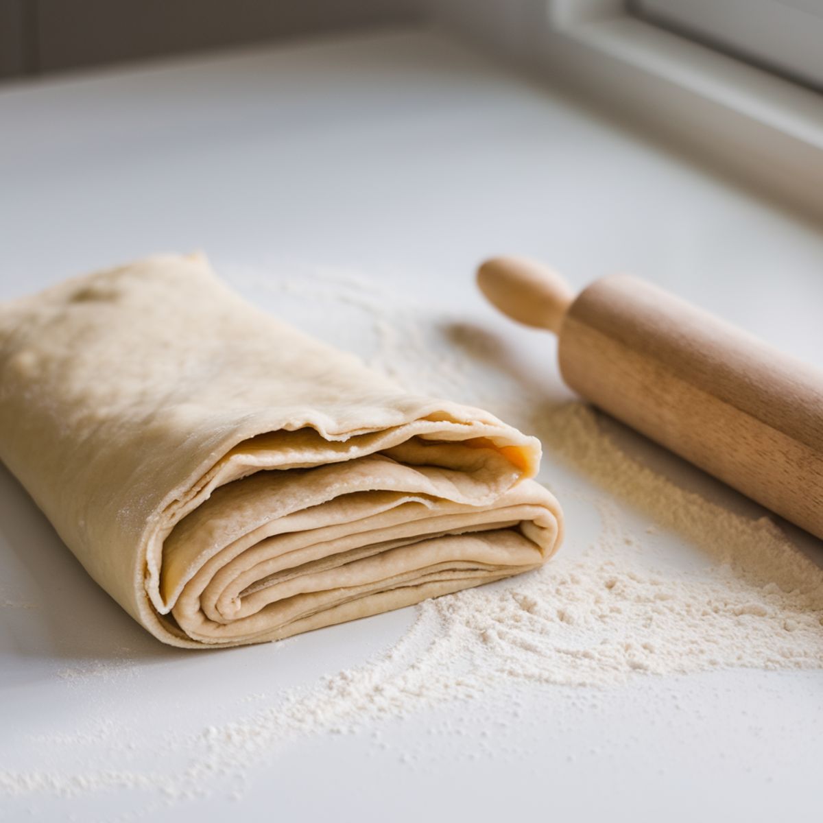 Close-up of folded laminated dough with visible layers on a lightly floured clean surface, next to a wooden rolling pin.