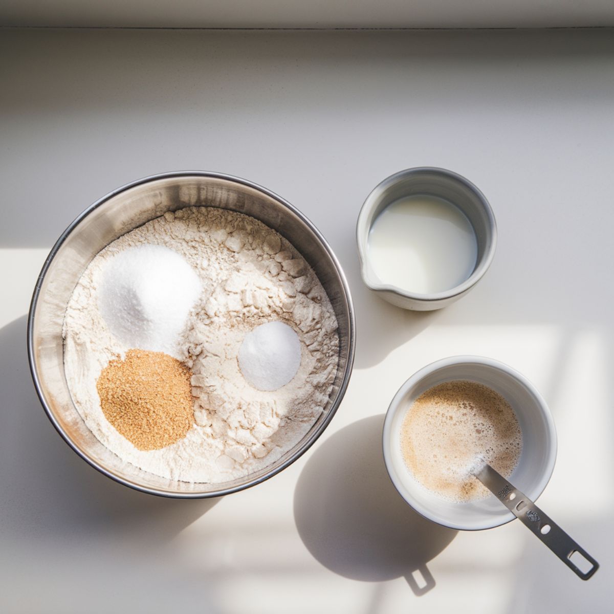 Top-down view of a large bowl filled with flour, sugar, and salt, next to a small bowl of warm milk with foamy yeast.