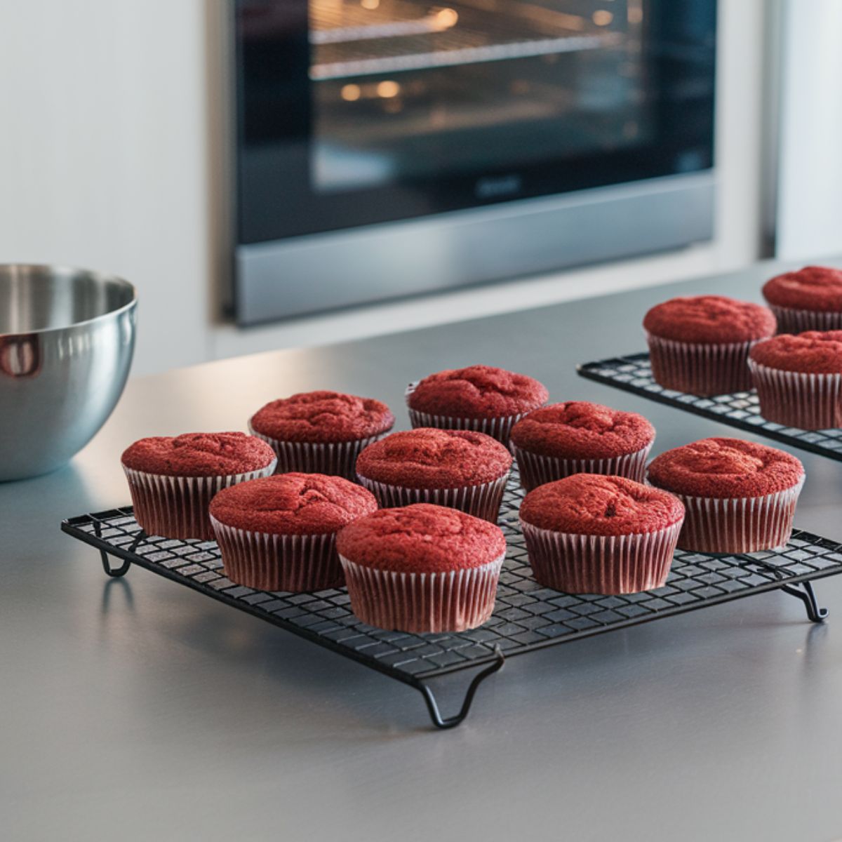 Cooling cupcakes on a wire rack in a modern kitchen.