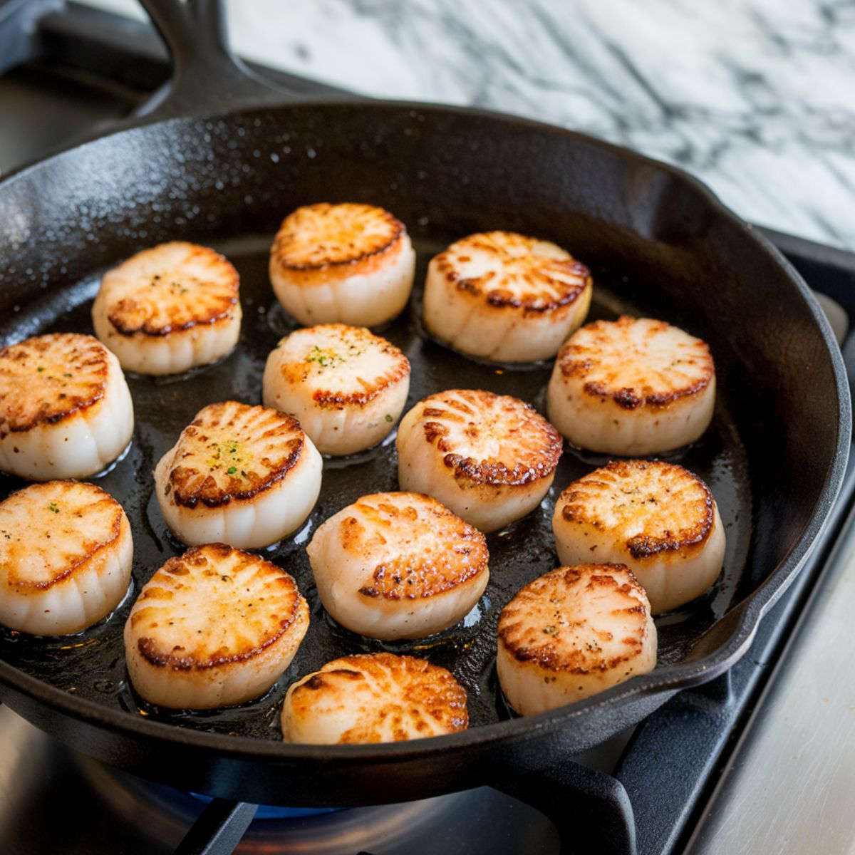 Close-up of a cast-iron skillet on a stovetop with evenly spaced, golden-brown scallops and a melting pat of butter, with a marble countertop in the background.