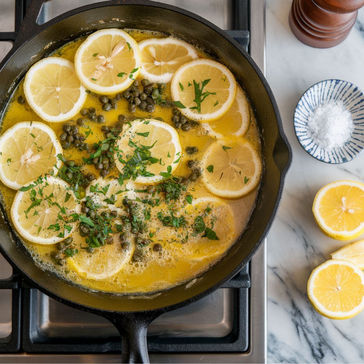 Close-up of a cast-iron skillet on a stovetop filled with a vibrant Butter Lemon Sauce made with lemon juice, melted butter, minced garlic, capers, and chopped parsley, with a salt dish and pepper mill on a marble countertop.