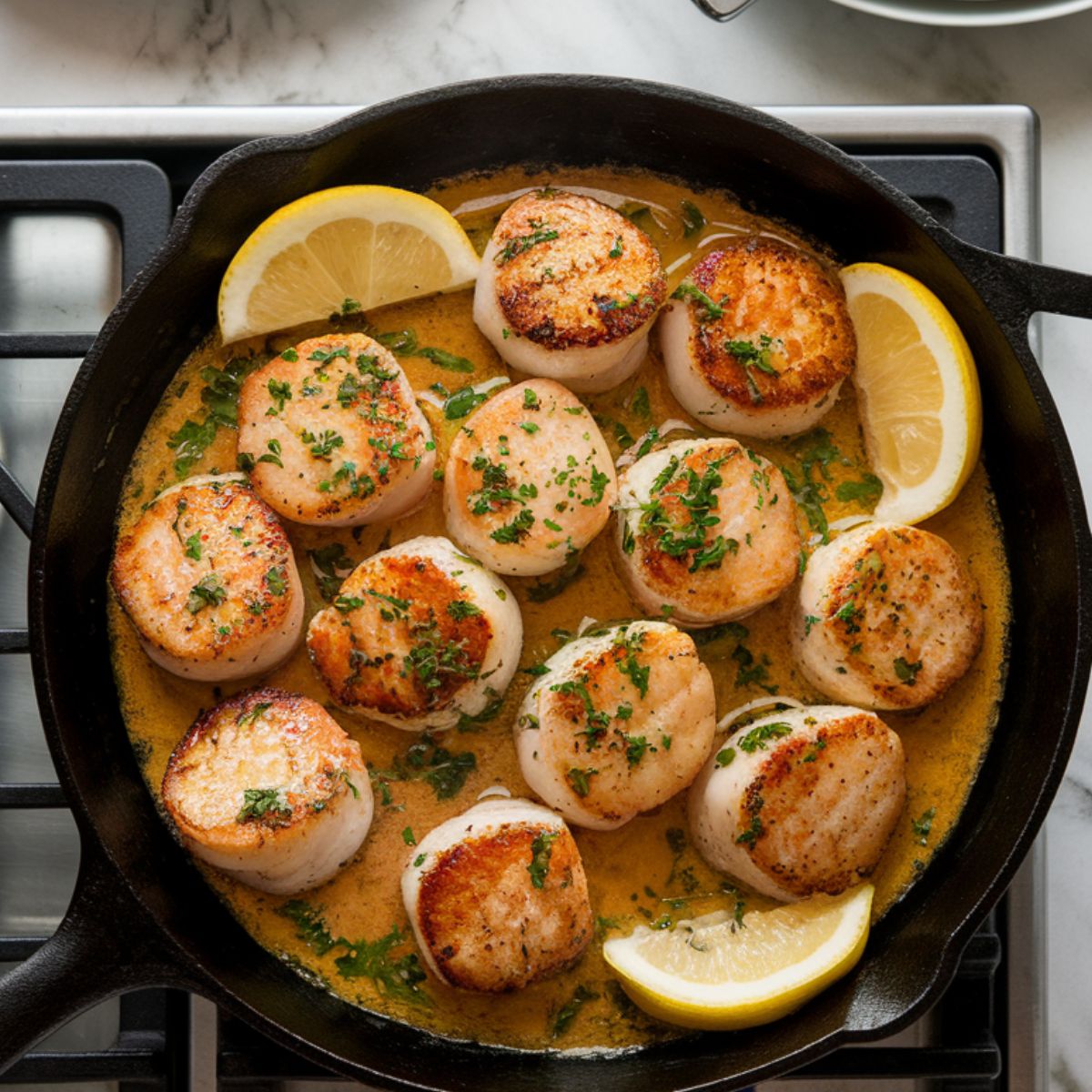 Close-up of a cast-iron skillet on a stovetop with golden-brown seared scallops in lemon-garlic butter sauce, garnished with chopped parsley and three thin lemon slices, with serving dishes and forks on a marble countertop in the background.