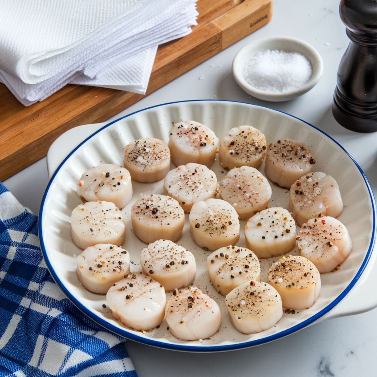 Overhead view of 12-15 seasoned sea scallops on a marble countertop with paper towels, a wooden cutting board, and a salt dish with a pepper grinder.