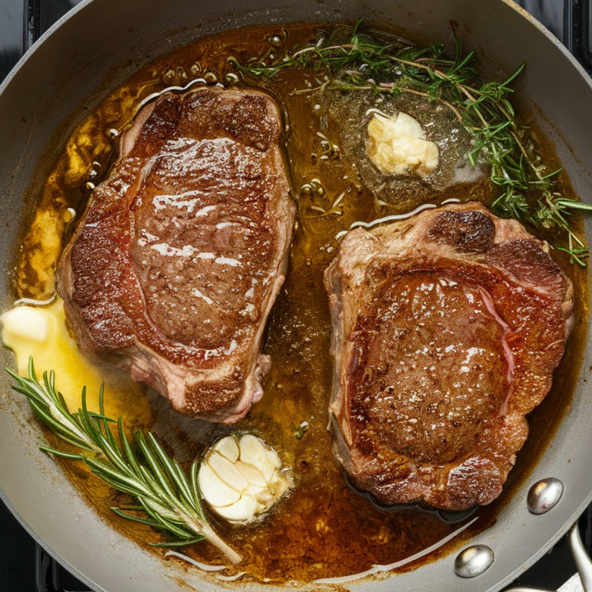 Steaks sizzling in a cast-iron skillet with butter, garlic, rosemary.