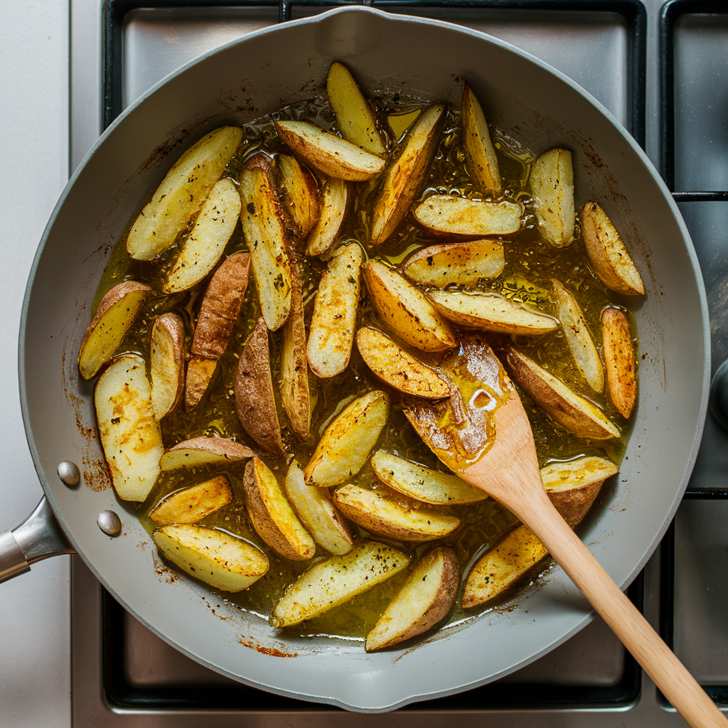 golden-brown roasted potatoes wedges sizzling in a cast-iron skillet, being stirred with a wooden spatula.