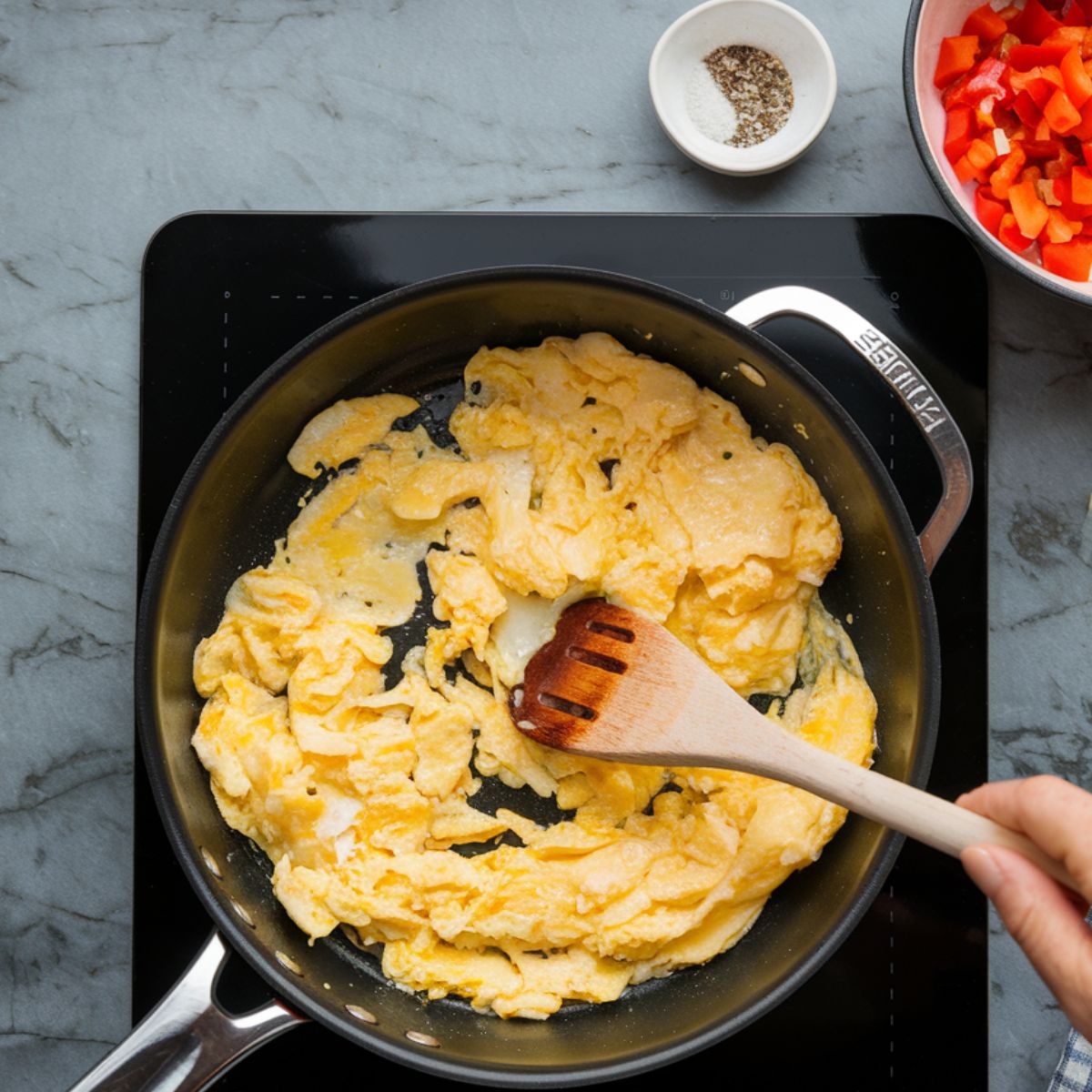 Scrambled eggs cooking in a skillet on a stovetop, with a wooden spatula stirring soft curds, while diced bell peppers and onions sizzle in another pan in the background.