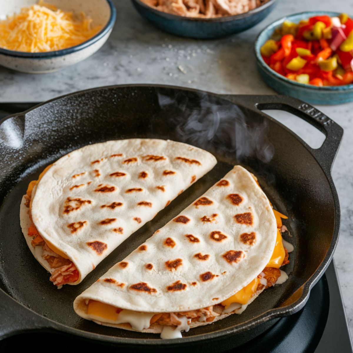 A cast-iron skillet with two folded quesadillas, one golden brown and crispy, the other pale and uncooked, showing different cooking stages.