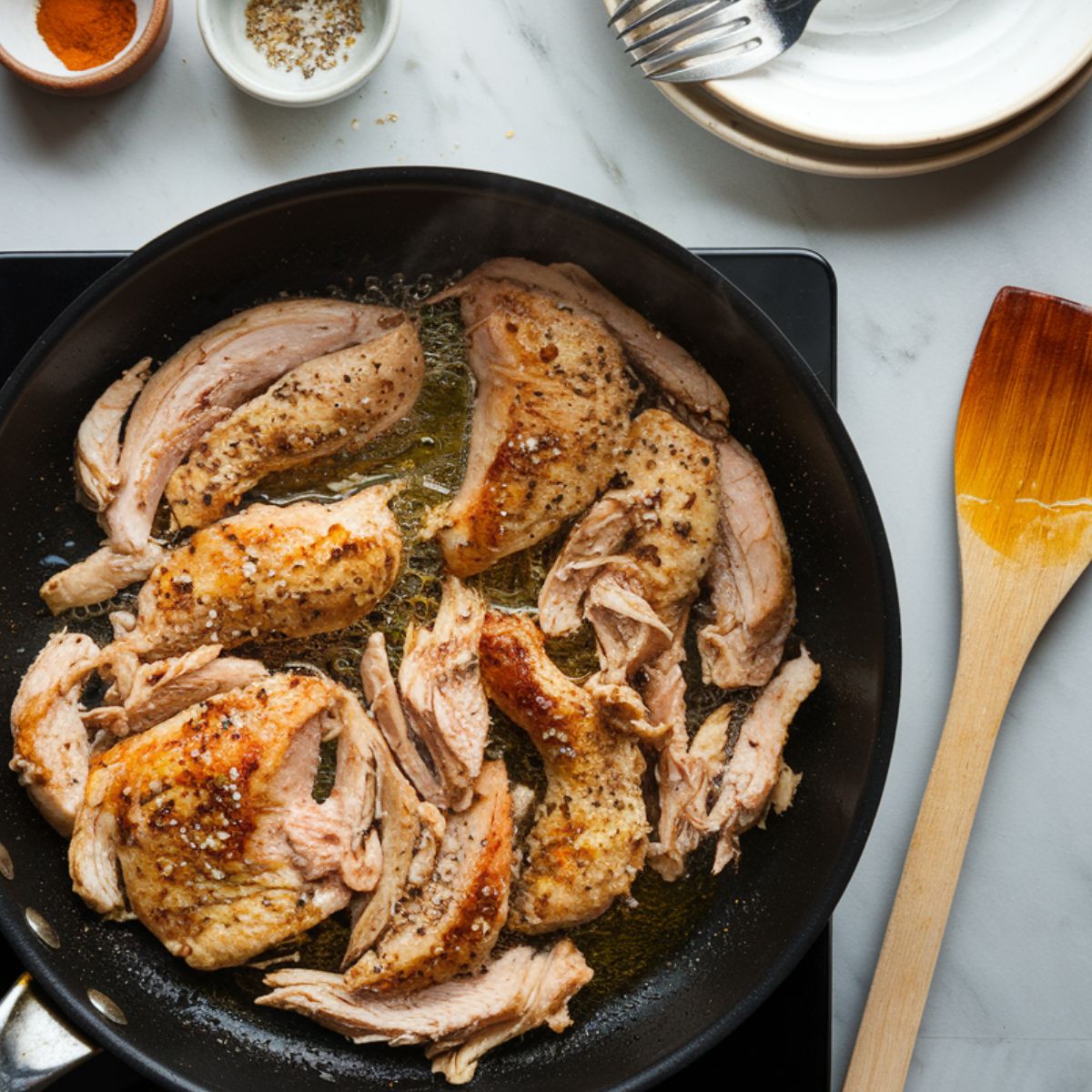 Seasoned shredded chicken sizzling in a skillet with steam rising, with spices, a plate, and forks on a grey marble countertop.