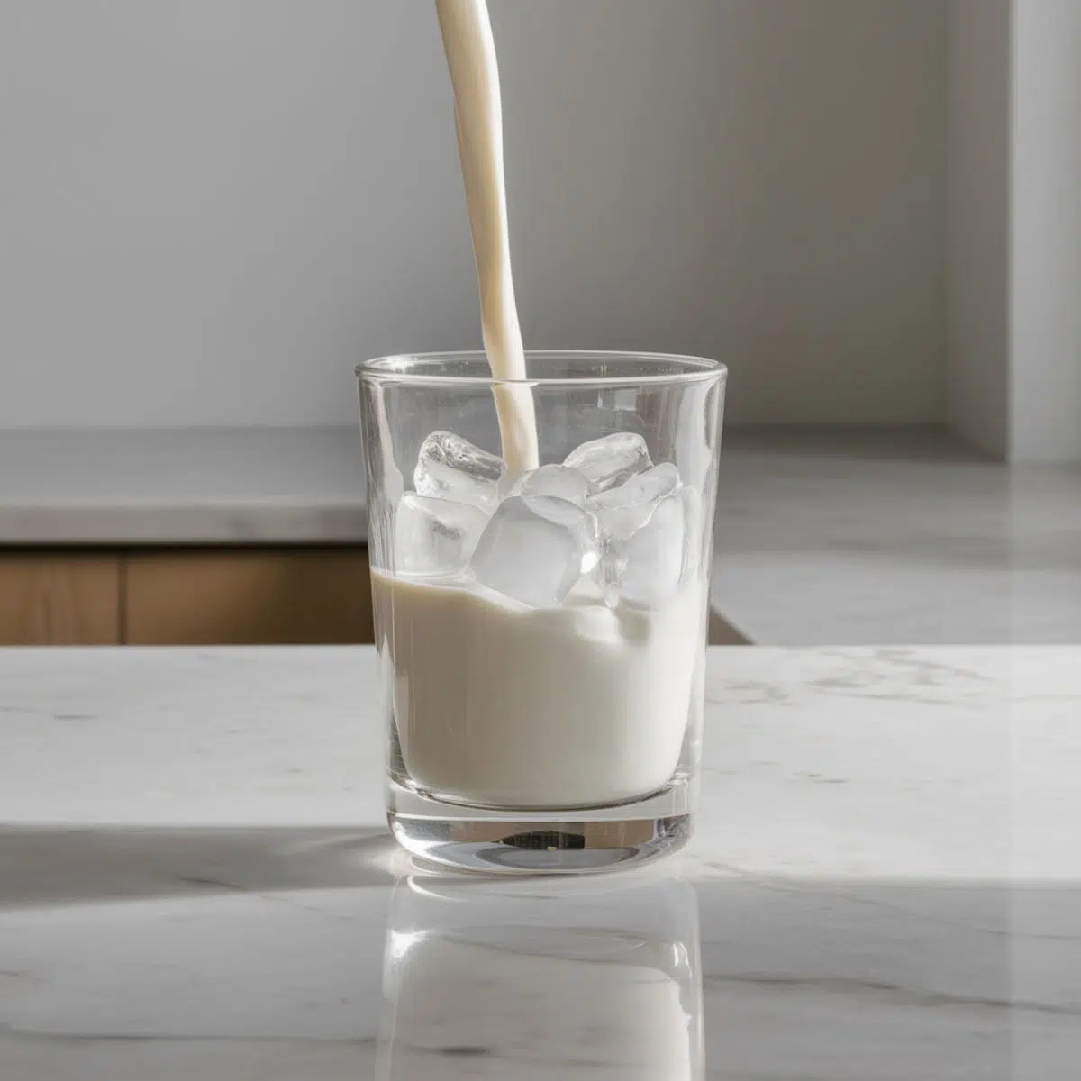 A glass with ice cubes and milk, leaving space at the top.