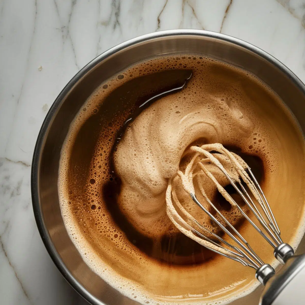 A mixing bowl with whipped coffee mixture forming stiff peaks.