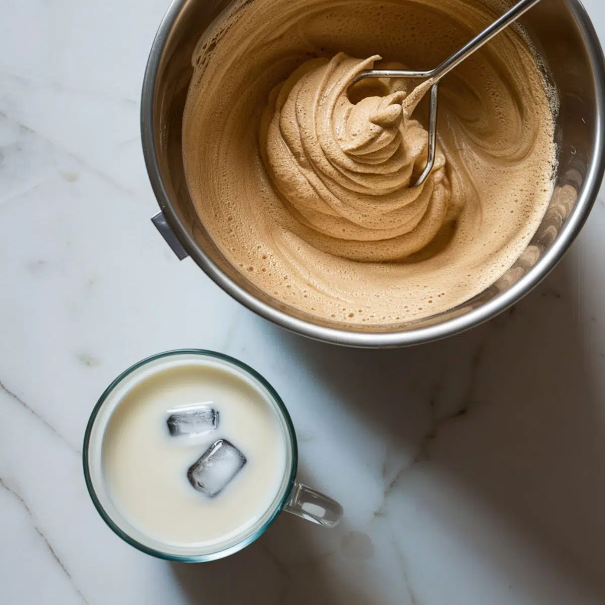  A modern kitchen countertop with a bowl of whipped coffee and a glass of iced milk.