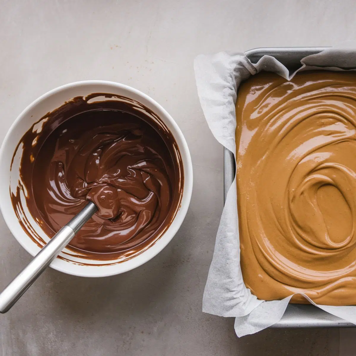 A bowl with a glossy melted mixture of chocolate, butter, and peanut butter, alongside a 9x13 inch baking pan filled with peanut butter mixture, set on a clean grey kitchen counter.