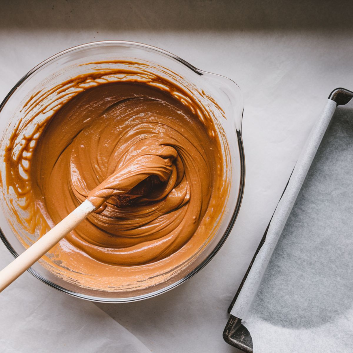 A large glass bowl with a thick mixture of melted butter, powdered sugar, graham cracker crumbs, vanilla, and salt, alongside a 9x13 inch baking pan lined with parchment paper on a clean kitchen countertop.