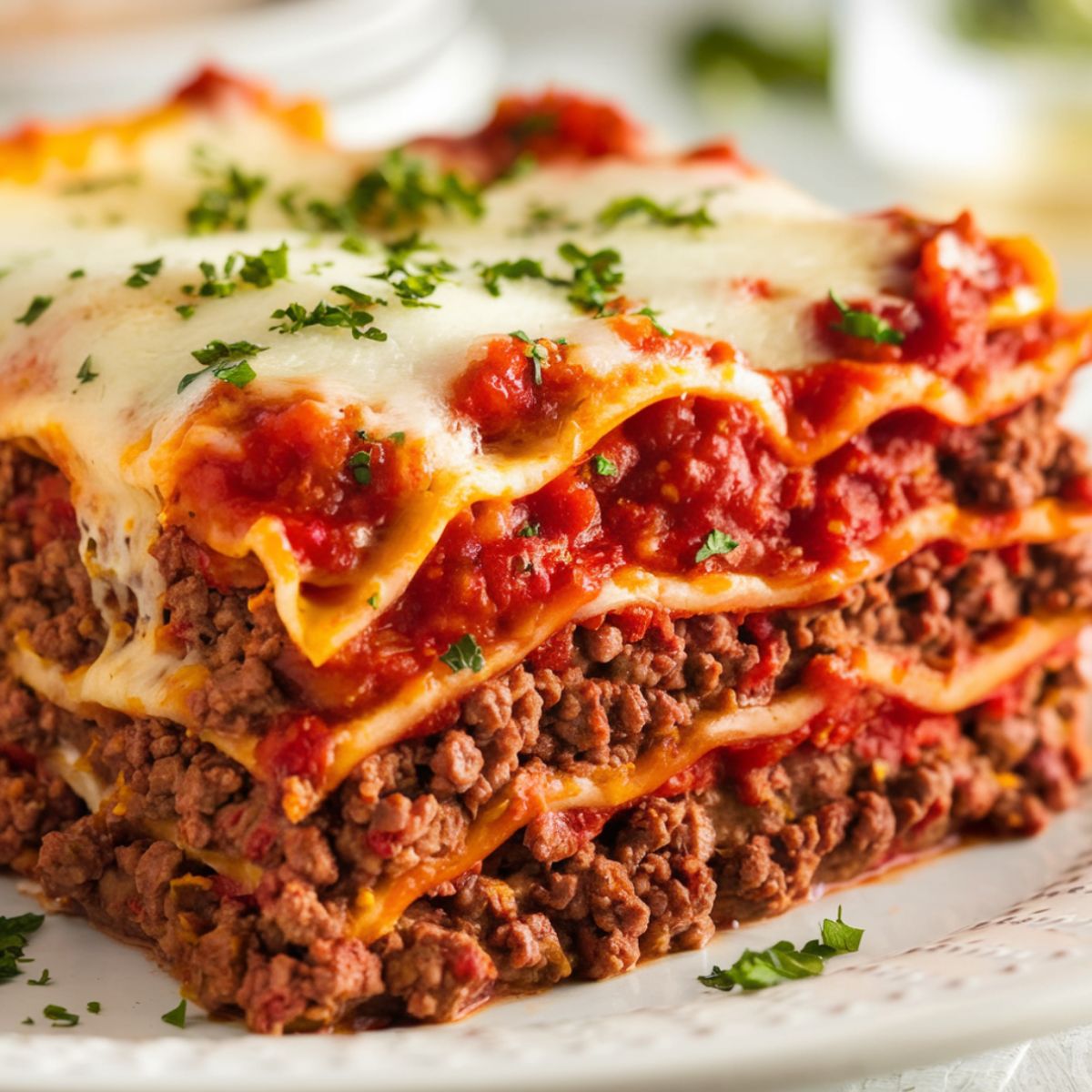 Close-up of a lasagna slice showing thick, saucy layers of ground beef and tomato sauce, gooey cheese on top, and fresh chopped parsley garnish, captured in bright lighting with a softly blurred background.