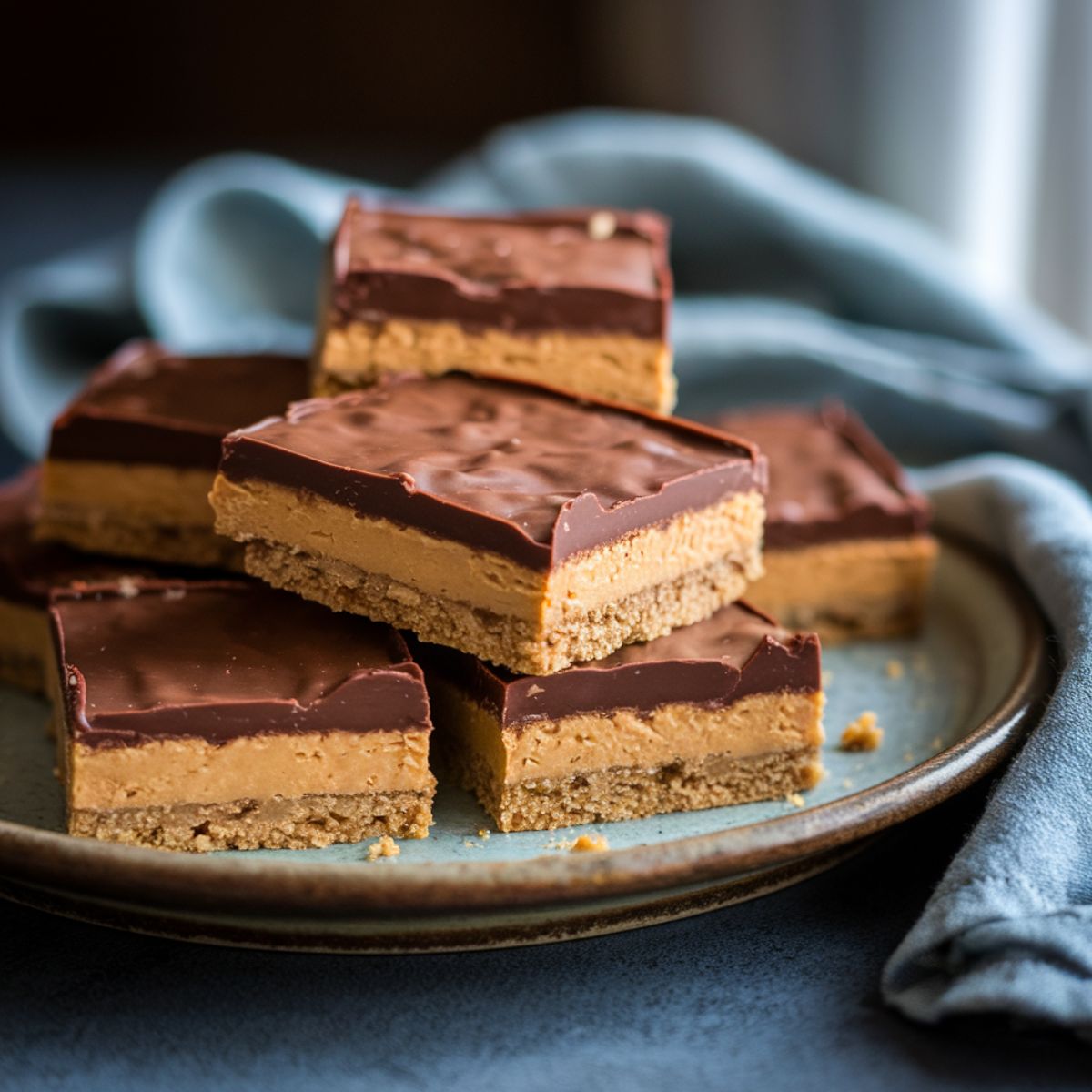 Close-up of homemade no-bake peanut butter bars with a glossy chocolate topping on a rustic ceramic plate, set against a soft blue linen napkin.