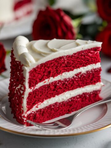 Red velvet cake slice with cream cheese frosting on a white plate, with red roses in the background.