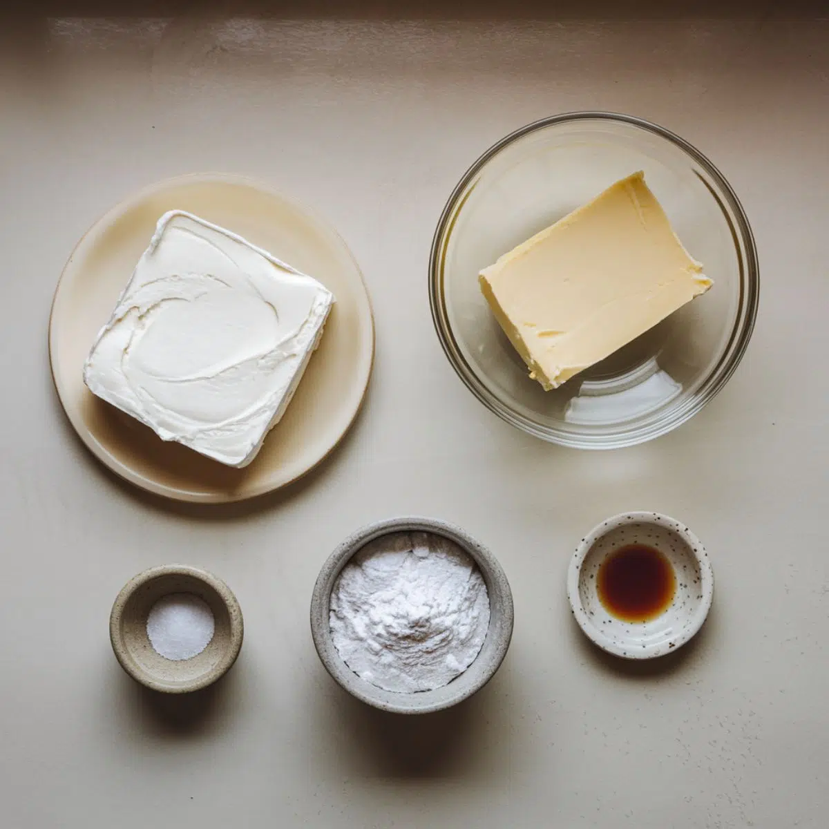 Flat lay of cream cheese frosting ingredients arranged neatly, featuring softened cream cheese, unsalted butter, powdered sugar, vanilla extract, and salt in small bowls on a clean background.