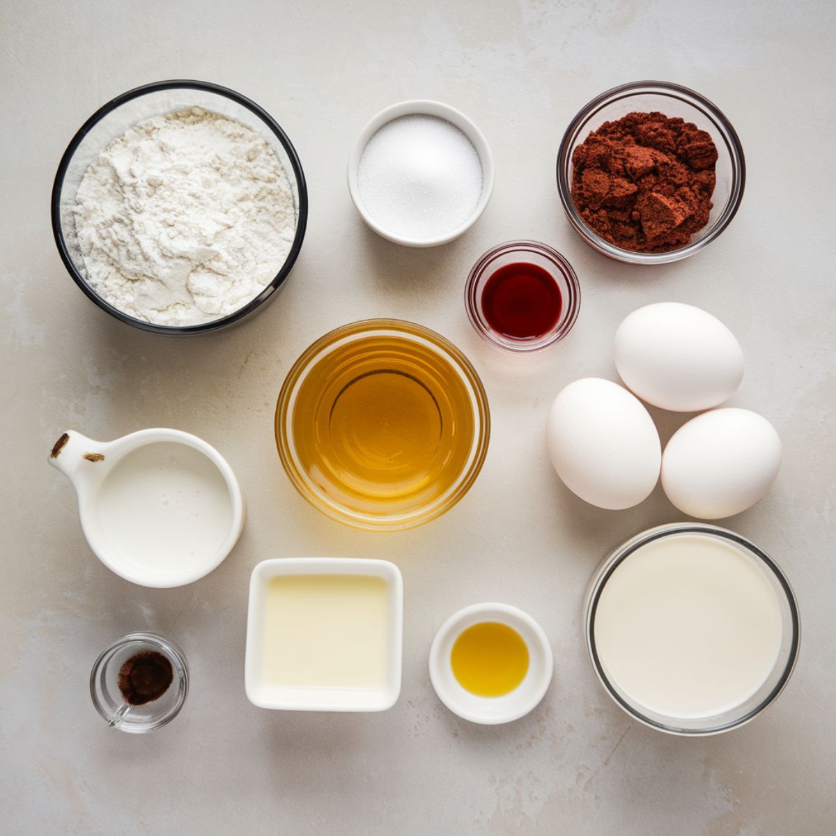 Flat lay of red velvet cake ingredients arranged on a rustic wooden table, featuring cake flour, granulated sugar, cocoa powder, baking soda, salt, eggs, vegetable oil, buttermilk, red food coloring, vanilla extract, and white vinegar.