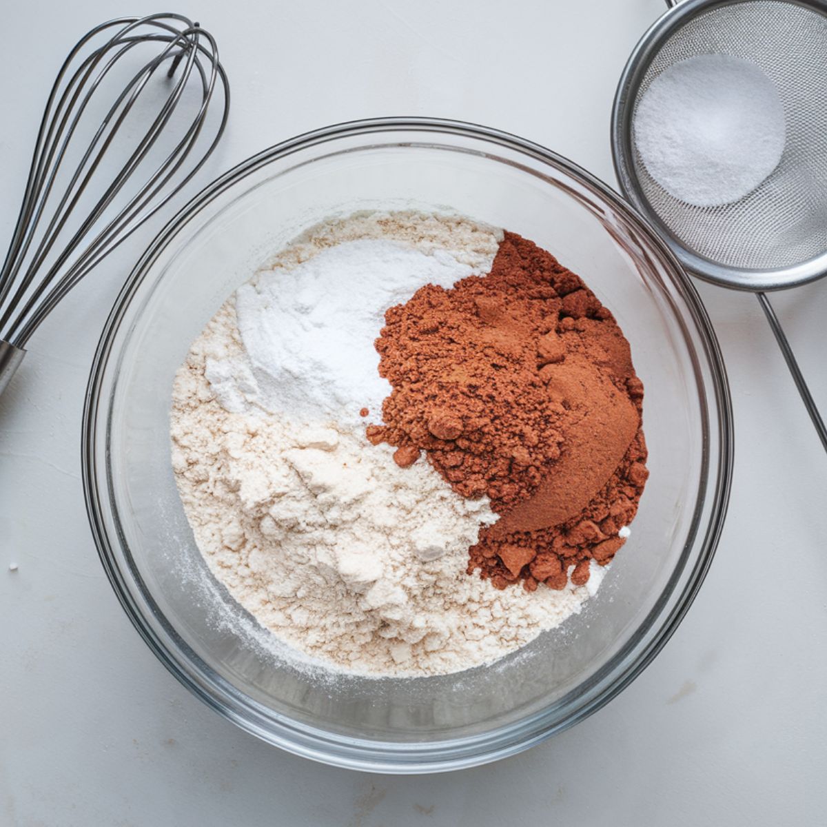 Overhead view of a bowl with sifted dry ingredients, a whisk, and a sieve on a plain background.