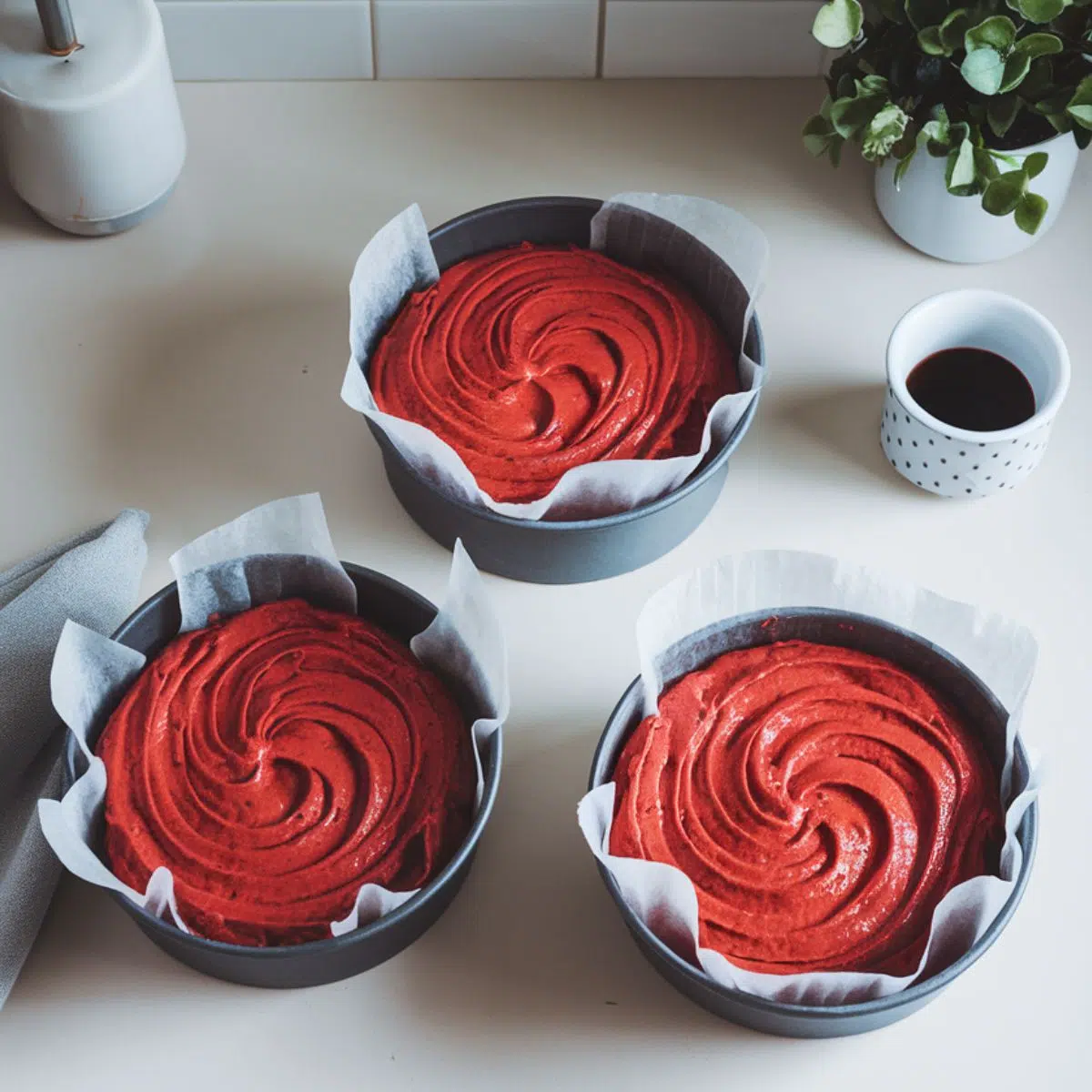 Overhead view of batter folded and poured into three cake pans.