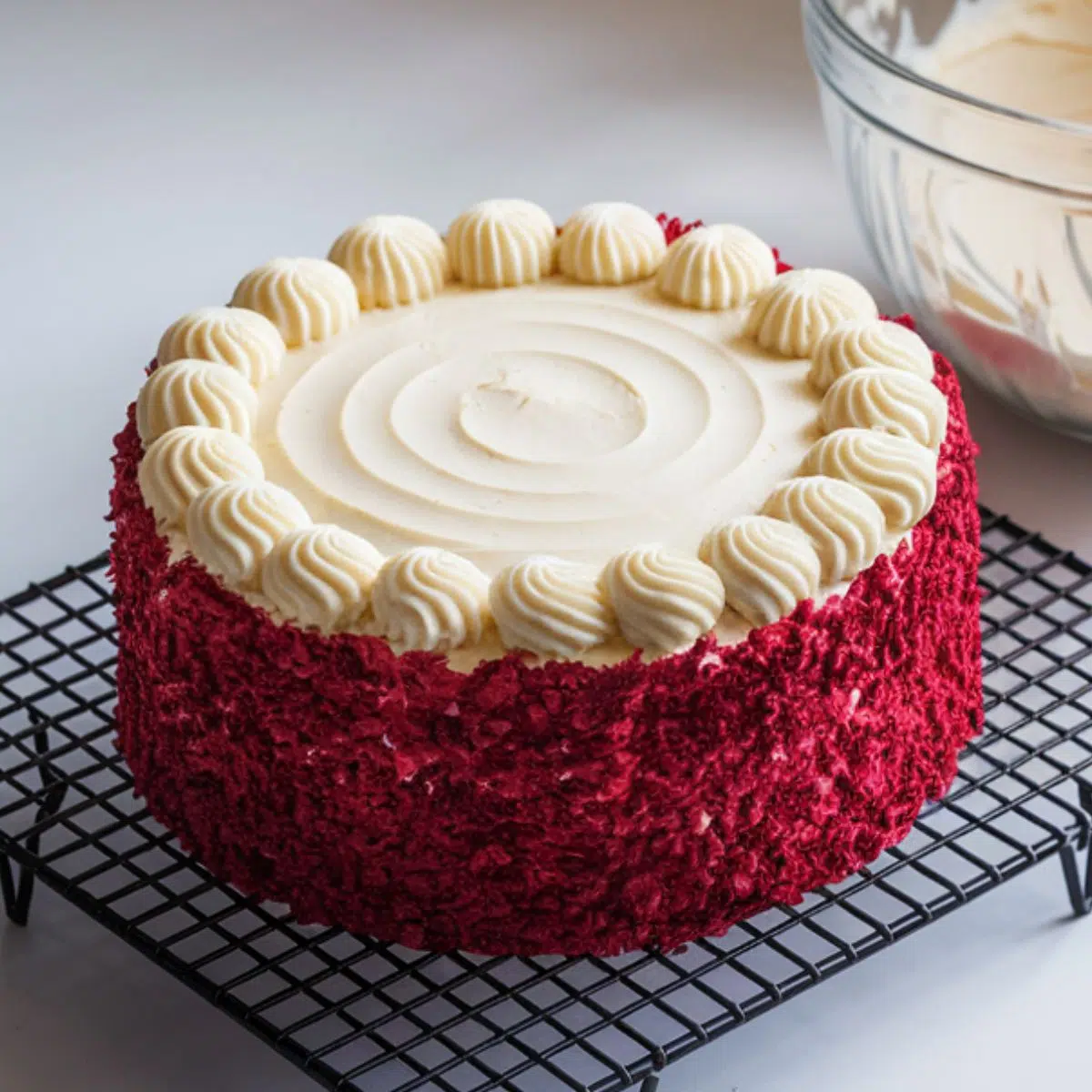 Top-down view of a deep red 9-inch cake cooling on a rack, topped with cream cheese frosting, with a glass bowl of velvety frosting in the background on a pristine kitchen counter illuminated by soft daylight.