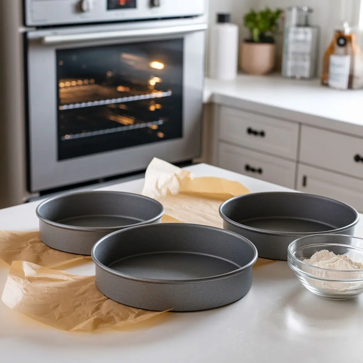 Overhead view of three prepped cake pans on a plain background with an oven set to 350°F.