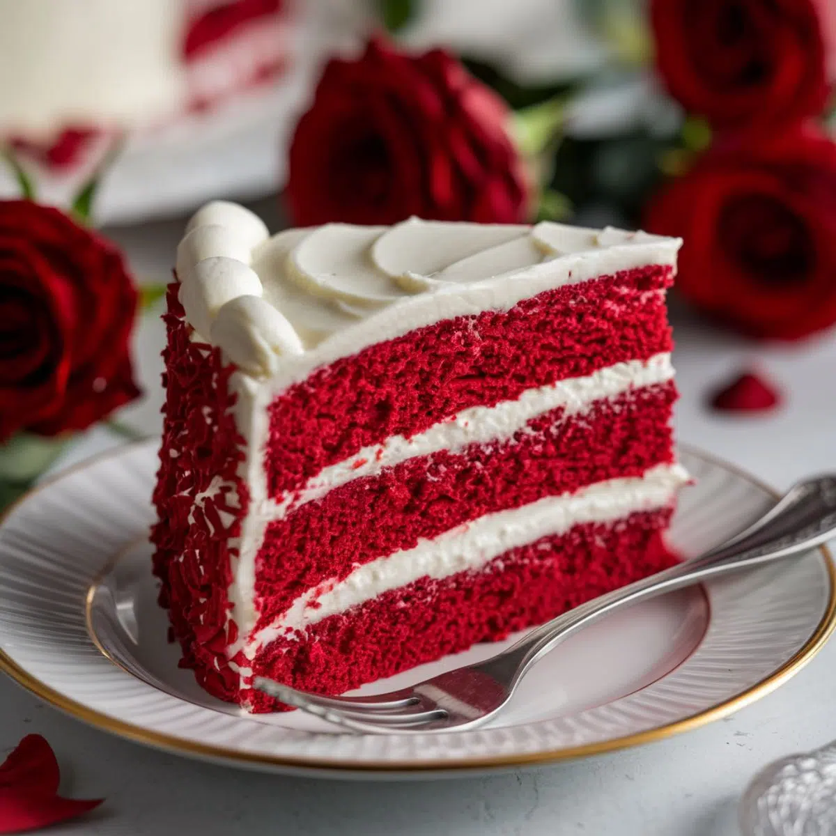 Red velvet cake slice with cream cheese frosting on a white plate, with red roses in the background.