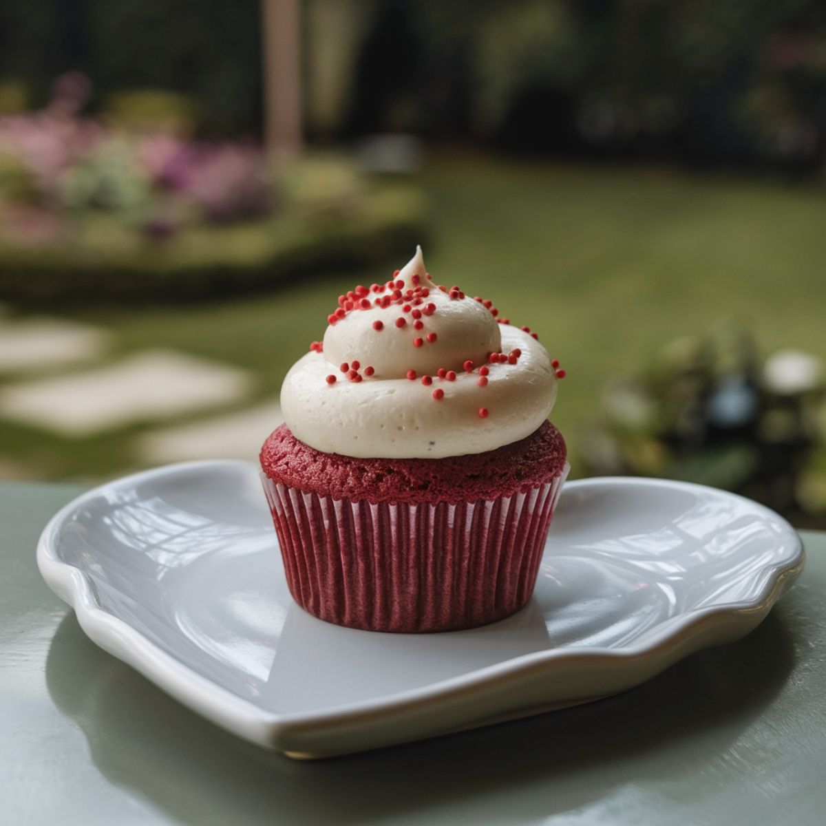 Close-up of a red velvet cupcake with white cream cheese frosting, topped with red sprinkles, placed on a heart-shaped white plate.