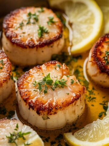 Top-down close-up of golden-brown seared scallops in a lemon-garlic butter sauce, garnished with parsley and three lemon slices in a shallow dish, captured under warm overhead lighting with a shallow depth of field.