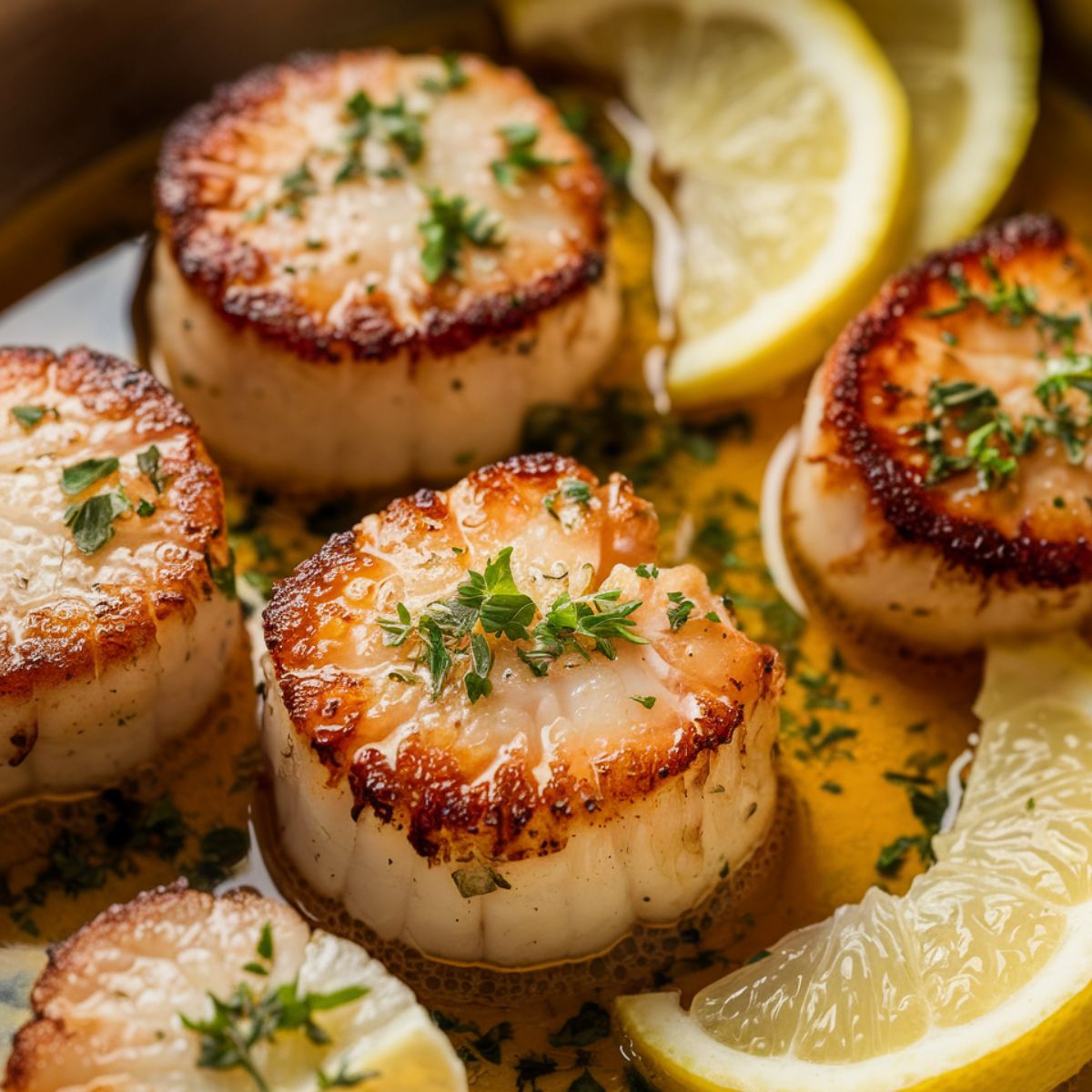 Top-down close-up of golden-brown seared scallops in a lemon-garlic butter sauce, garnished with parsley and three lemon slices in a shallow dish, captured under warm overhead lighting with a shallow depth of field.