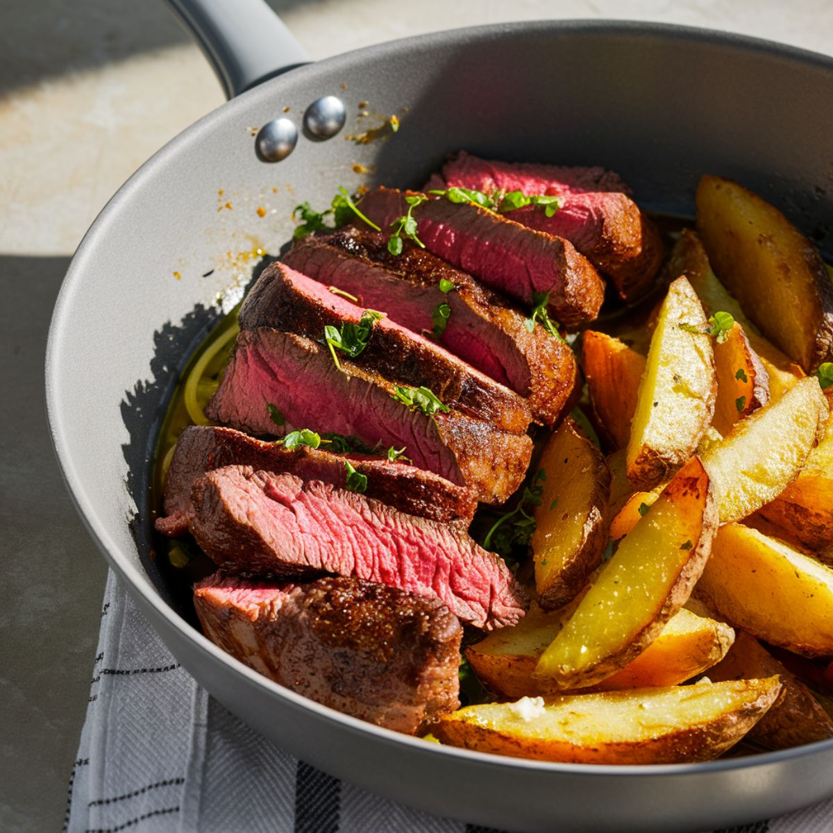 Skillet with sliced medium-rare steak and potatoes , garnished with fresh herbs.