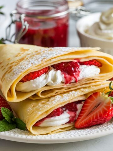 Golden crepes filled with whipped cheese and strawberry compote, dusted with powdered sugar, garnished with fresh strawberries .