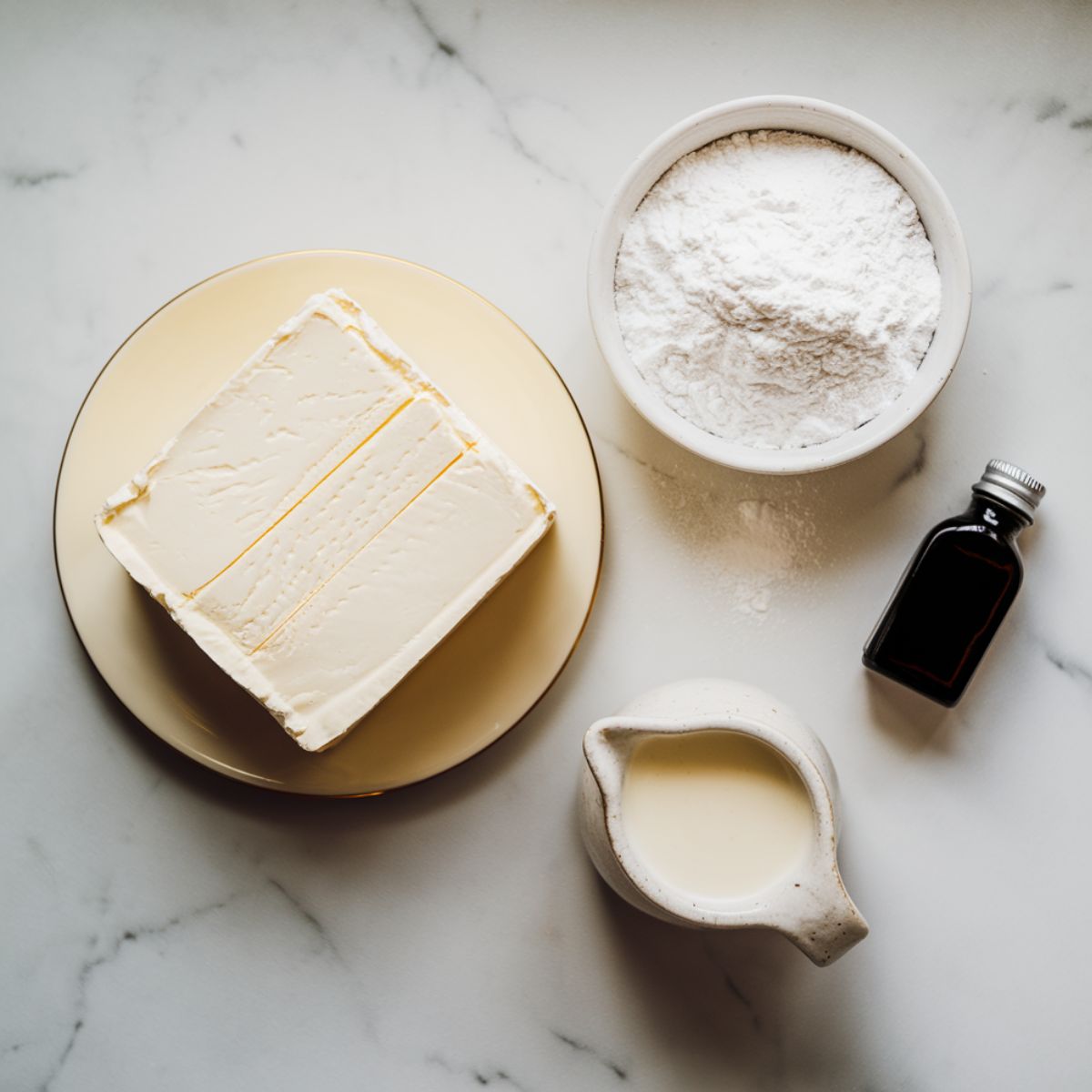 A top-down view of baking ingredients on a white marble countertop: a glass bowl with softened cream cheese, a dish of powdered sugar, a small bottle of vanilla extract, and a ceramic pitcher of heavy cream, all neatly arranged with soft lighting highlighting their textures.