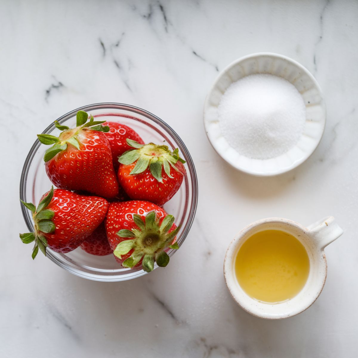 A top-down view of fresh ingredients on a white marble countertop: a glass bowl filled with sliced strawberries, a small dish of sugar, and a ceramic cup of lemon juice, all neatly arranged with soft natural lighting highlighting their vibrant colors.