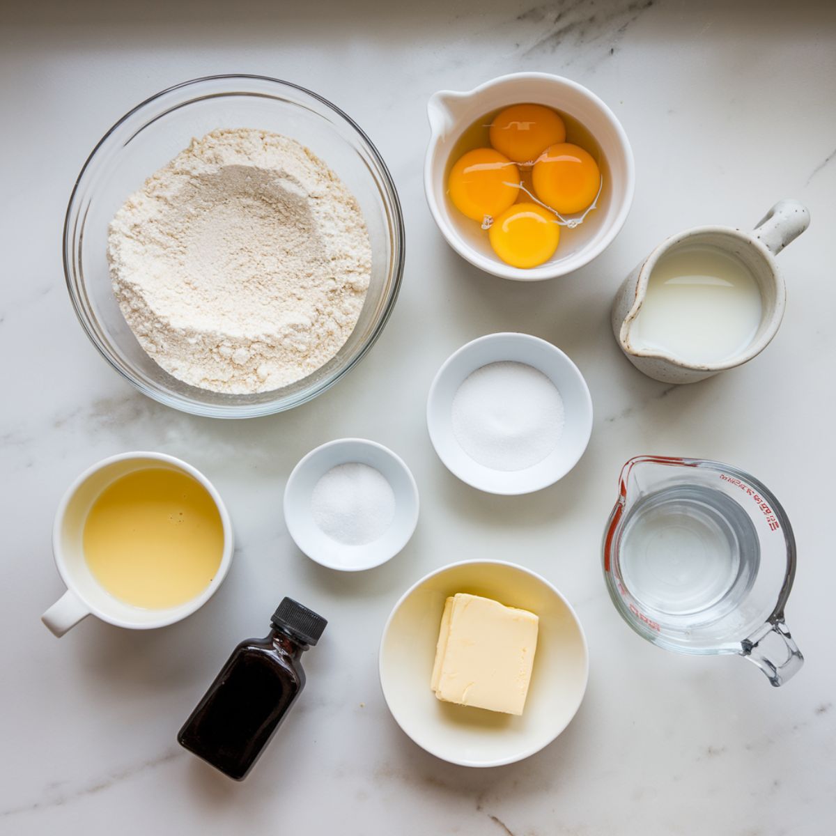 Crepe-making ingredients arranged on a white marble countertop: a glass bowl of flour, a bowl of cracked eggs, a jug of milk, a measuring cup of water, melted butter, salt, sugar, and vanilla extract.