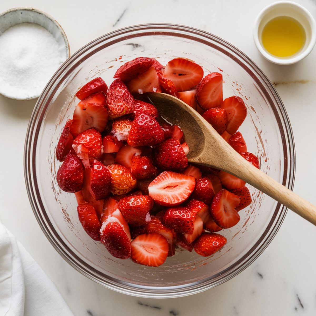 A glass bowl of sliced strawberries mixed with sugar and lemon juice, with a wooden spoon resting on the edge, on a white marble countertop.