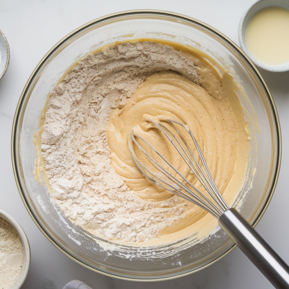 A top-down view of a mixing bowl filled with smooth crepe batter on a white marble countertop, with a whisk partially submerged. Small dishes with traces of flour and sugar are nearby.