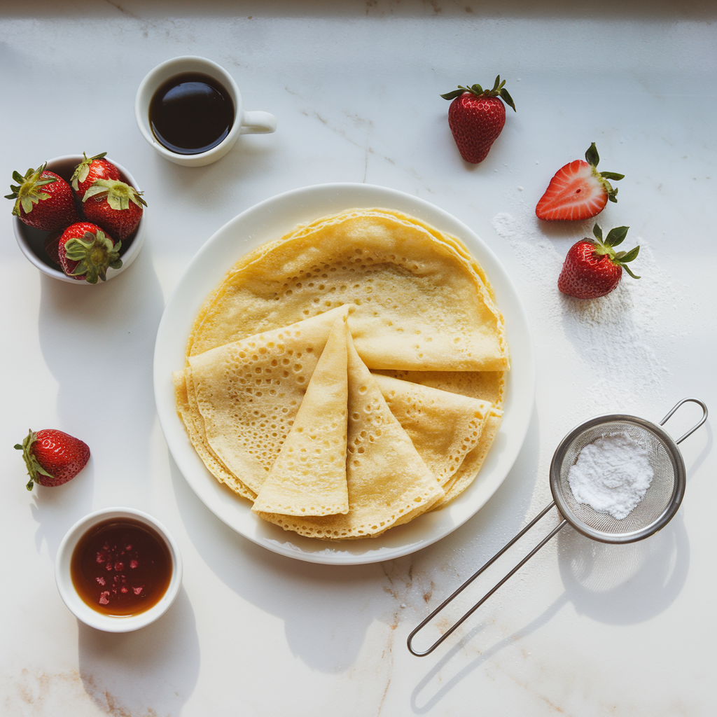 A top-down view of freshly made crepes on a white plate with golden, slightly crisp edges. Small bowls with fresh strawberries, syrup, and other toppings surround the plate. A fine-mesh sieve with powdered sugar rests nearby on a white marble countertop, illuminated by soft natural light.