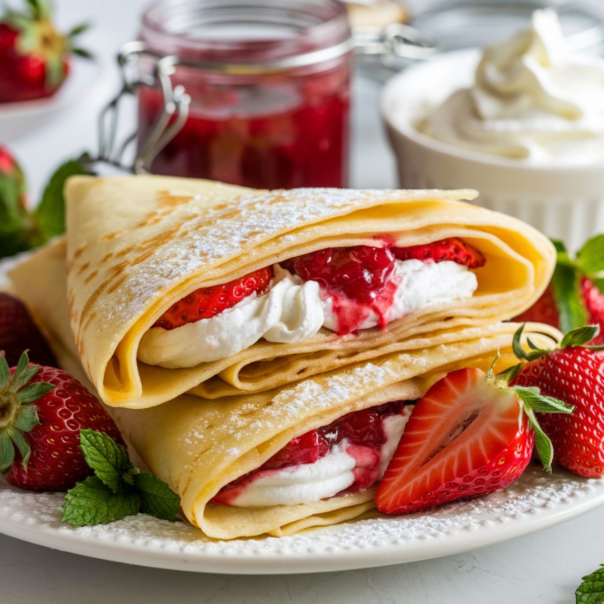 Golden crepes filled with whipped cheese and strawberry compote, dusted with powdered sugar, garnished with fresh strawberries .