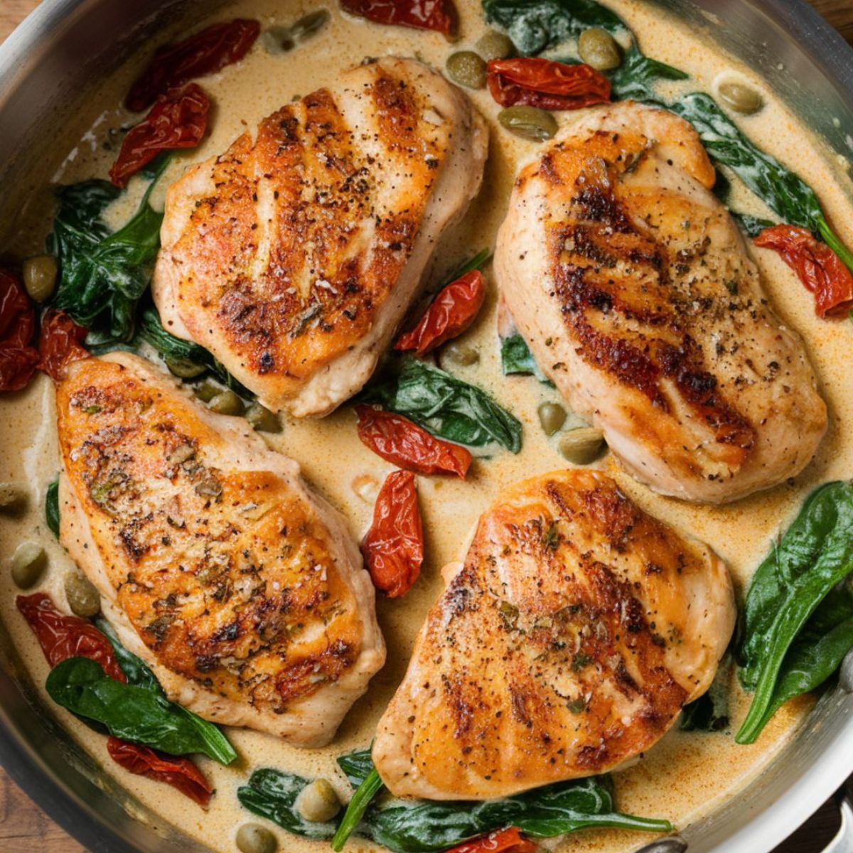 Delicious homemade Baked Tuscan Chicken in a creamy garlic parmesan sauce with sun-dried tomatoes, spinach, and herbs, served in a skillet.