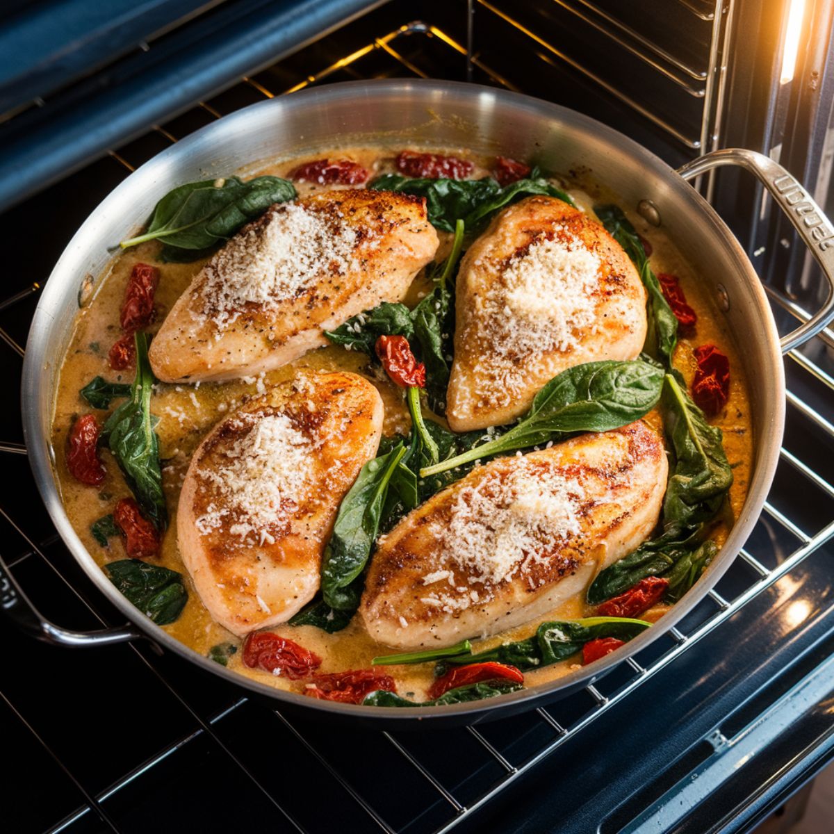 Chicken breasts baking in a creamy Tuscan sauce inside an oven, topped with parmesan and spinach.