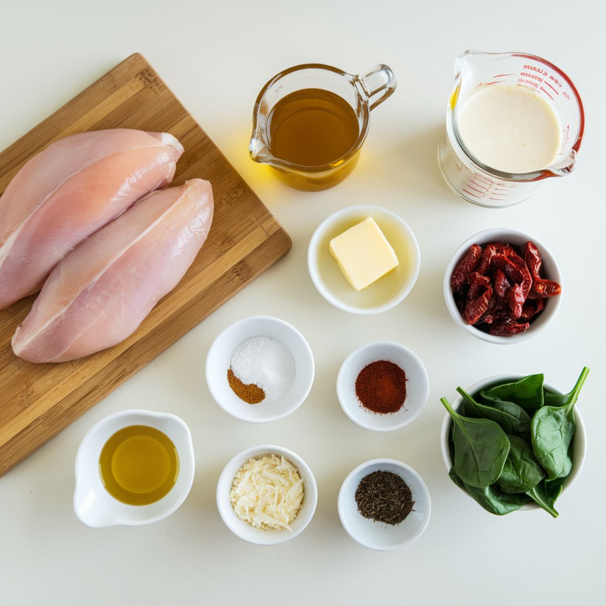 Fresh ingredients for Baked Tuscan Chicken, including chicken, olive oil, cream, butter, sun-dried tomatoes, spinach, and spices